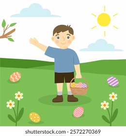 child with basket of easter eggs illustration, child doing easter eggs hunter at park