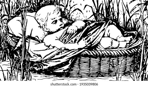 Child in basket floating down the river, vintage line drawing or engraving illustration.