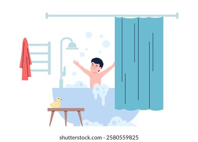 Child in bath. Cute boy has joy in bath time at evening. Child in bathroom with soap bubbles, foam and shampoo, rubber yellow duck, recent vector scene