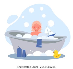 Child in bath. Happy girl washes with soap bubbles at bathroom. Cleanliness, health care and hygiene. Routine and household chores. Poster or banner for website. Cartoon flat vector illustration