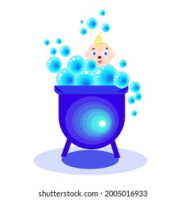A child is bathing in a bath with an airy ,blue foam on a white background.Vector illustration.