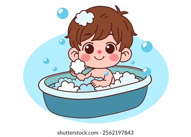 The child is bathing in the bathtub. Vector illustration in cartoon style.