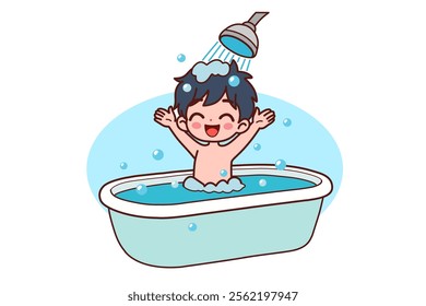 The child is bathing in the bathtub. Vector illustration in cartoon style.