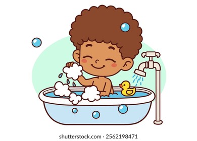 The child is bathing in the bathtub. Vector illustration in cartoon style.