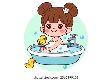 The child is bathing in the bathtub. Vector illustration in cartoon style.