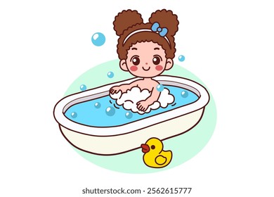 The child is bathing in the bathtub. Vector illustration in cartoon style.