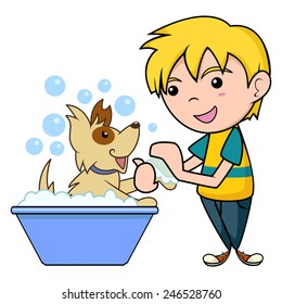 Child bathing dog, vector illustration, isolated white background