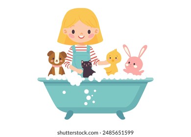 Child Bathing Pets and Toys in Bathtub Illustration