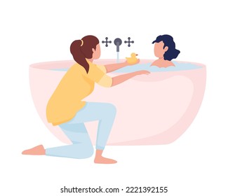 Child bathing time semi flat color vector characters. Editable figures. Full body people on white. Mother and daughter simple cartoon style illustration for web graphic design and animation