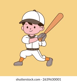 A child batter is preparing with a baseball bat. minimal line illustration.