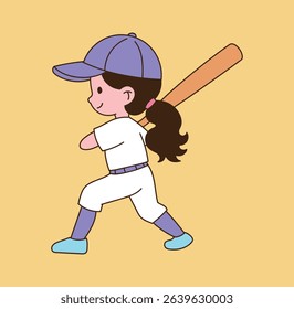 A child batter is preparing with a baseball bat. minimal line illustration.