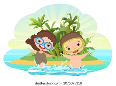 Child beach. oy and girl in swimsuits and diver masks. Tropical palms. Island in ocean. Sandy seashore. Sea landscape. Cartoon style. Isolated on white background. Vector