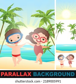 Child beach. Set parallax effect. Sandy seashore. Sea landscape. Boy and girl in swimsuits and diver masks. Tropical palms. Cartoon style. Vector