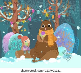 Child and bear eat ice cream in winter forest, bright children's illustration 