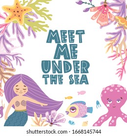 Child beautiful illustration. Little mermaid and underwater world. Vector background.