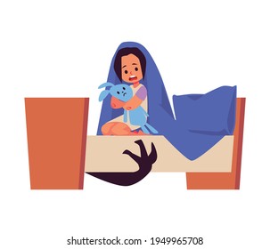 Child in bed afraid of imaginary monsters flat vector illustration isolated.