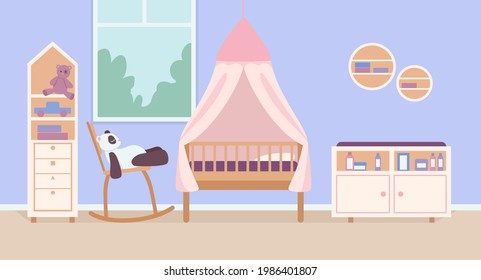 Child bedroom for newborn flat color vector illustration. Home interior with bed and toy. Playroom for toddler kids. Kindergarten room 2D cartoon interior with decorated furniture on background