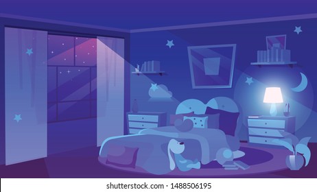 Child bedroom night time view flat vector illustration. Stars in dark violet sky in panoramic window. Girlish room interior with soft toy, decorative clouds on walls. Bedside tables with vase, lamp