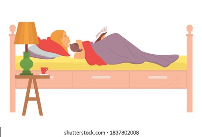 Child in bedroom preparing for sleep vector, isolated kid reading book laying in bed covered with blanket, table with cup and lamp illuminating light