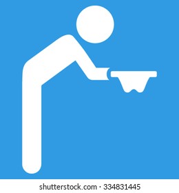 Child Beggar vector icon. Style is flat symbol, white color, rounded angles, blue background.