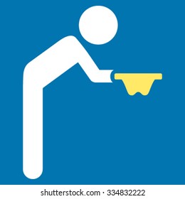 Child Beggar vector icon. Style is bicolor flat symbol, yellow and white colors, rounded angles, blue background.