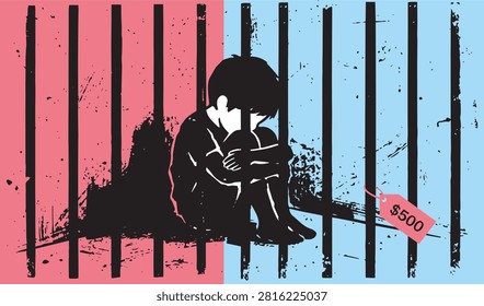 Child behind prison bars with price tag illustration trafficking exploitation injustice kidnapping illustration oppression security childhood helpless