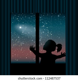 Child Behind The Window Is Watching The Comet / Night Sky Background