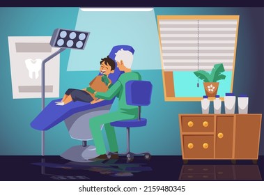 Child being examined in dental office or clinic, flat vector illustration. Background with pediatric dentist and little patient in dentistry interior.