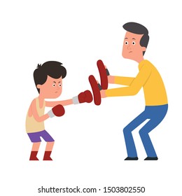 the child is being trained to box with the trainer. boy and trainer work out a punch in boxing paws. isolated illustration on white background