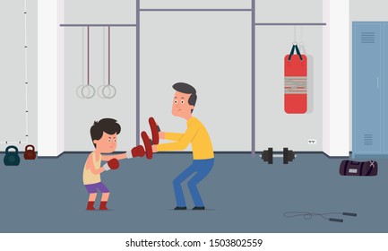 the child is being trained to box with the trainer in the gym. boy and trainer work out a punch in boxing paws. vector illustration