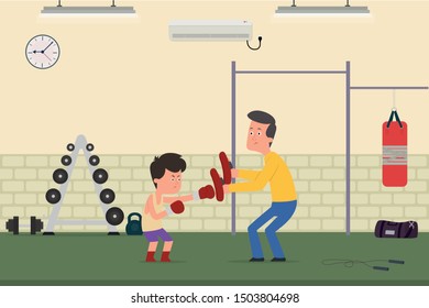 the child is being trained to box with the trainer in the gym. boy and trainer work out a punch in boxing paws. vector illustration