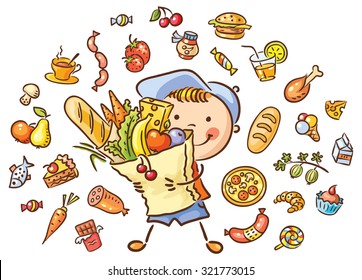 Child with a big bag full of food and isolated food set