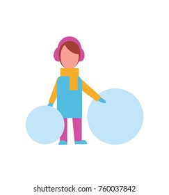 Child with big balls of snow dressed in warm winter cloth with knitted scarf and hat going to make snowman vector illustration poster isolated on white