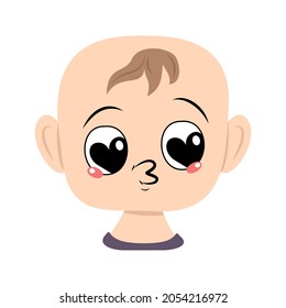 Child with big heart eyes and kiss lips. Head of cute baby with loving face