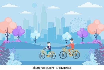 A child is biking for being healthy with his parents in a small town with high buildings scene behind them.  Vector illustration.