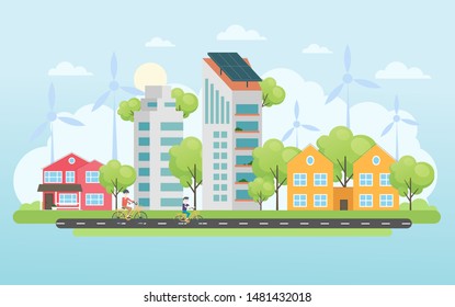 A child is biking for being healthy with his parents in a small town with high buildings scene behind them.  Vector illustration.