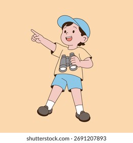 a child with binoculars pointing forward. Minimal line illustration design.