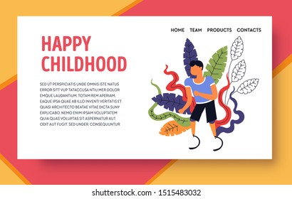 Child with bionic prostheses, happy childhood landing web page template vector. Kids with replaced limbs, rehabilitation and injury recovery, hospital. Clinic services, medical aid, physiotherapy