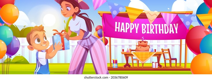 Child birthday celebration. Little boy receive gift from mother on house yard with festive decoration, cake and presents in gazebo with garlands and balloons. Kids party, Cartoon vector illustration