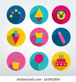 Child birthday colorful pictogram. Set of modern circle sign shadows icons. 