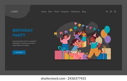 Child birthday concept. Gleeful kids at festive birthday bash, exchanging gifts and basking in joy of togetherness and celebration. Bright banners and balloons adorn moment. Flat vector illustration