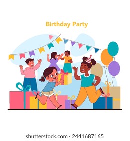 Child birthday concept. Gleeful kids at festive birthday bash, exchanging gifts and basking in joy of togetherness and celebration. Bright banners and balloons adorn moment. Flat vector illustration