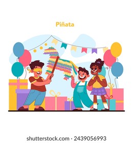 Concepto de cumpleaños infantil. Niños celebrando su cumpleaños. La anticipación y la emoción en el juego de la pinata, con los niños listos para revelar las golosinas ocultas. Globos y regalos festivos. Ilustración vectorial plana