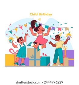 Child birthday concept. Kids celebrating birthday. Euphoric children amidst party, with gifts and joyous confetti-filled air. Pure, youthful delight, happy childhood. Flat vector illustration