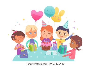 Child birthday party. Happy girls and boys celebrating birthday. Children holding gift boxes. Kids cartoon characters in b-day hats with colorful balloons and cake with candles.