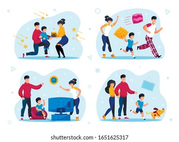 Child Birthday Party, Kids Discipline and Education Trendy Flat Vector Concepts Set. Parents with Children Celebrating Holiday, Fooling Around, Playing Video Games, Walking with Pet Illustration