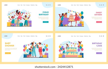 Child birthday set. Sweet sixteen memories, heartwarming baby shower with friends, and harmonious happy birthday song. Milestones celebrated with love and vibrant festivity. Flat vector illustration