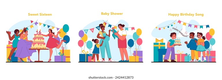 Child birthday set. Sweet sixteen memories, heartwarming baby shower with friends, and harmonious happy birthday song. Milestones celebrated with love and vibrant festivity. Flat vector illustration