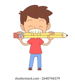 Child biting pencil, hand drawn, vector illustration