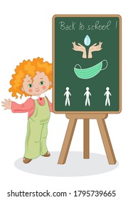 A child with blackboard explains the anti-19 COVID precautions for school